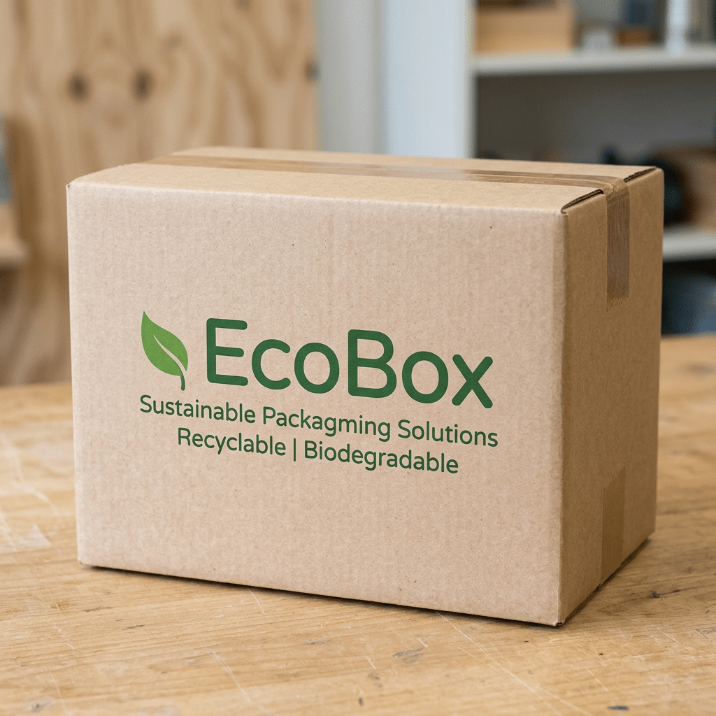 Cardboard box with EcoBox logo and text promoting sustainable, recyclable, biodegradable packaging