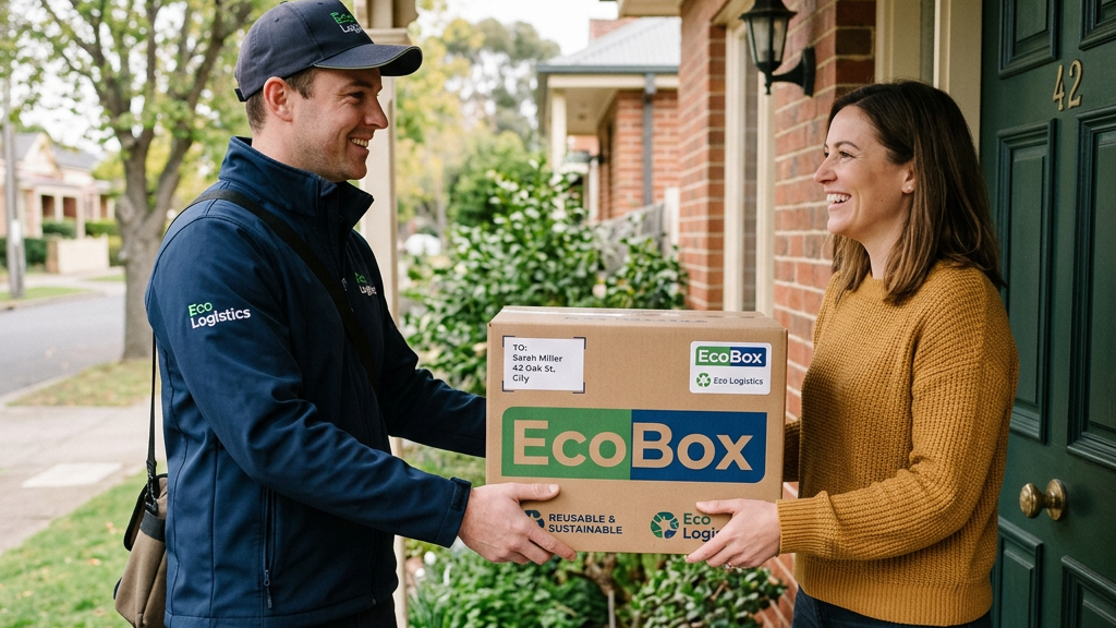 Delivery person handing EcoBox package to woman at home entrance