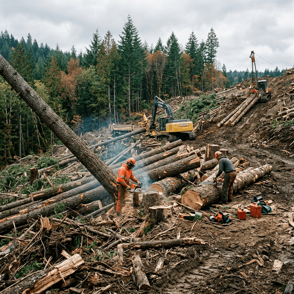 Two workers with chainsaws cutting logs in a forest logging site with heavy machinery