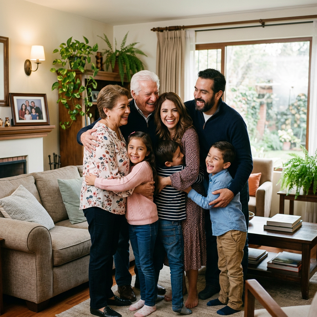 Six family members, two older adults, two adults, and two children, hugging in a living room