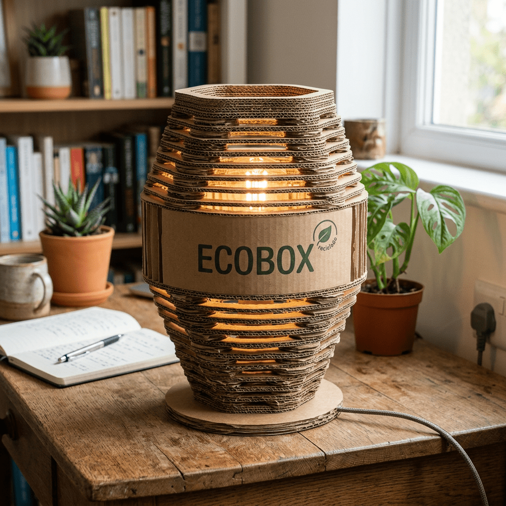 Layered cardboard lamp with 'ECOBOX' label illuminated on a wooden desk
