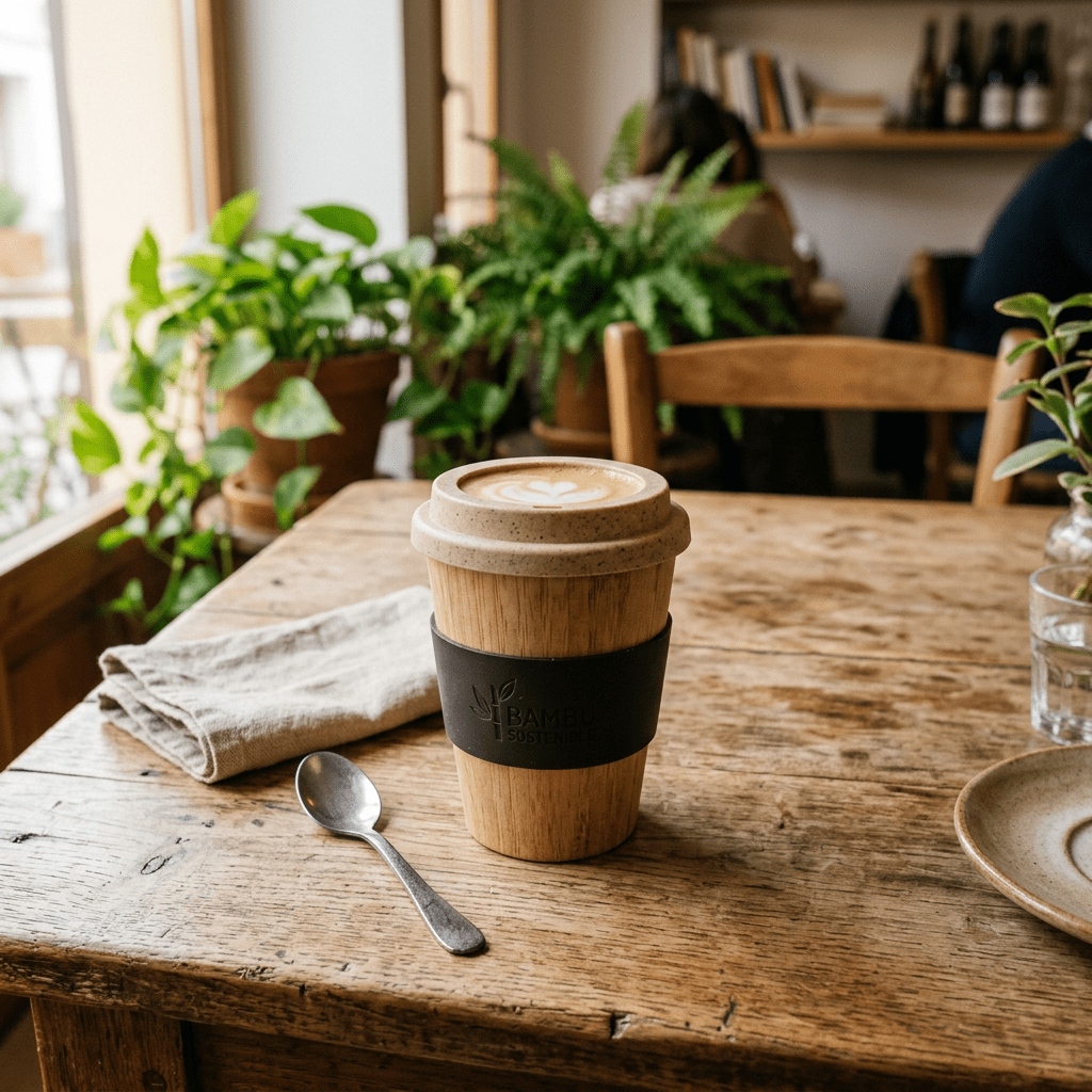 Reusable bamboo coffee cup with latte art on a wooden table next to a spoon and cloth napkin