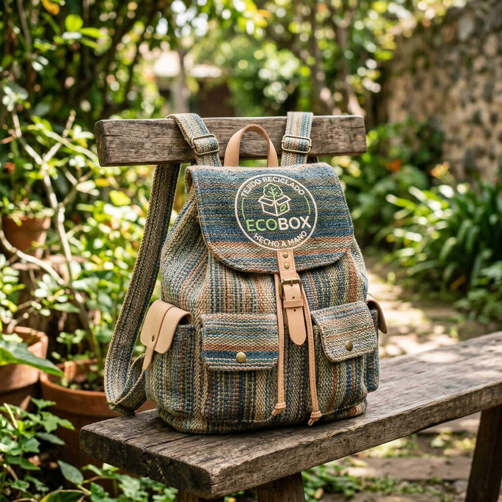 Striped handmade backpack made from recycled fabric with EcoBox logo