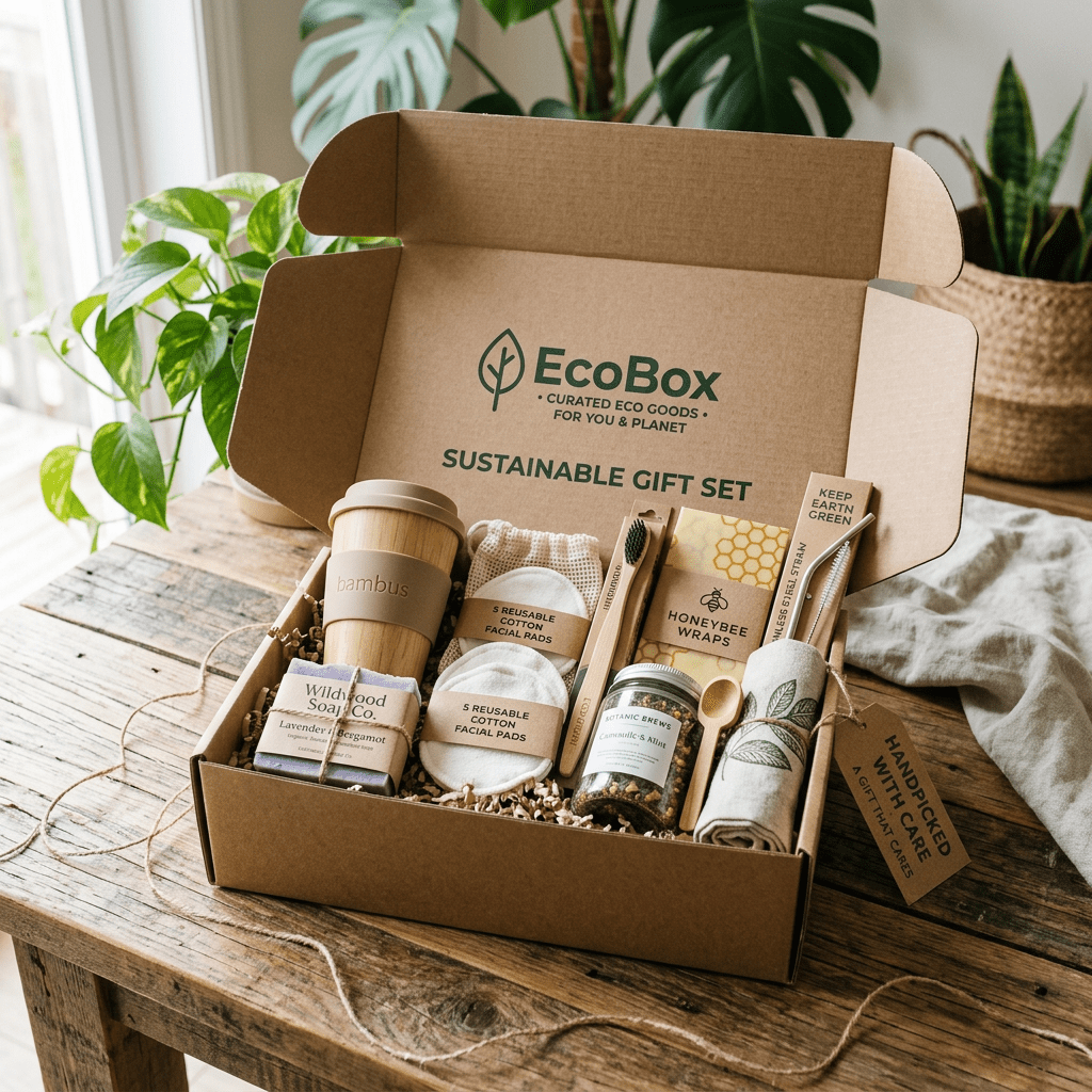 Sustainable gift set containing reusable cotton pads, bamboo cup, soap, toothbrush, honeybee wraps, herbal tea, and cloth towel in a cardboard box